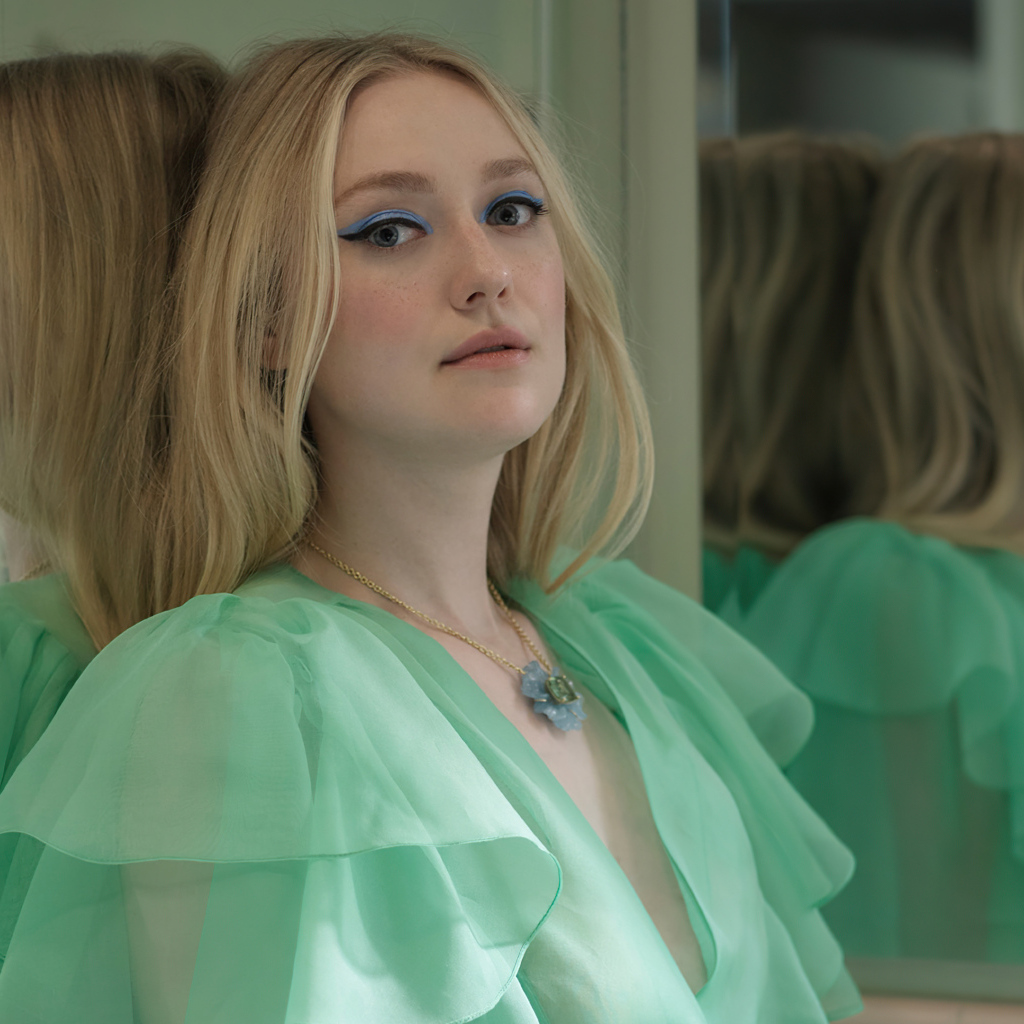 Актриса Дакота Фэннинг в зеленом платье