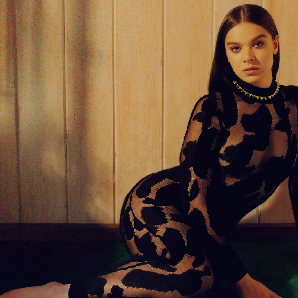 Актриса Хейли Стейнфилд в черном платье у стены