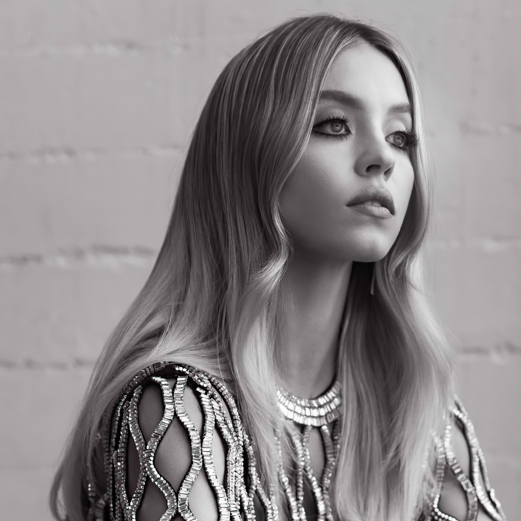 Американская актриса Сидни Суини черное-белое фото