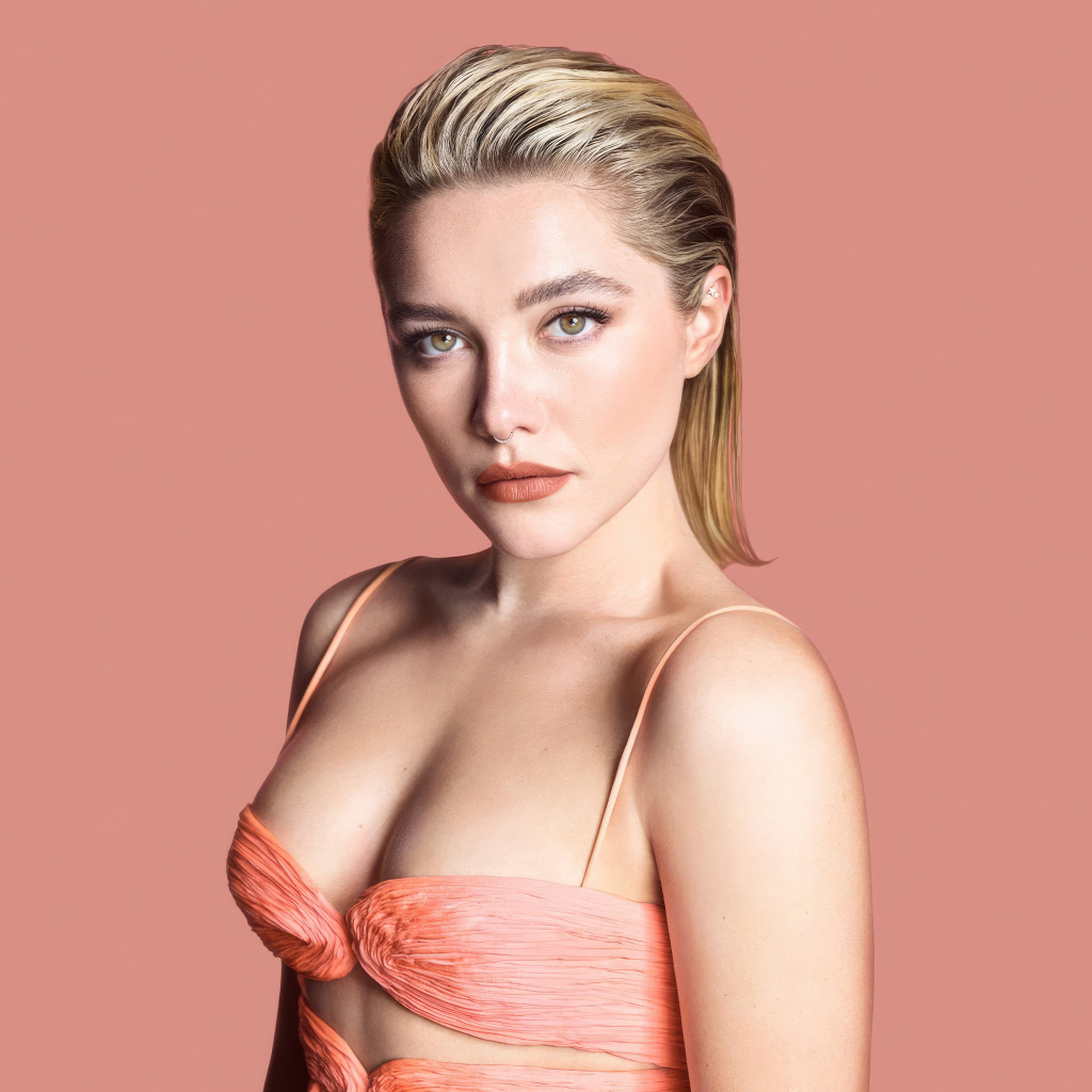 Красивая актриса Флоренс Пью на розовом фоне