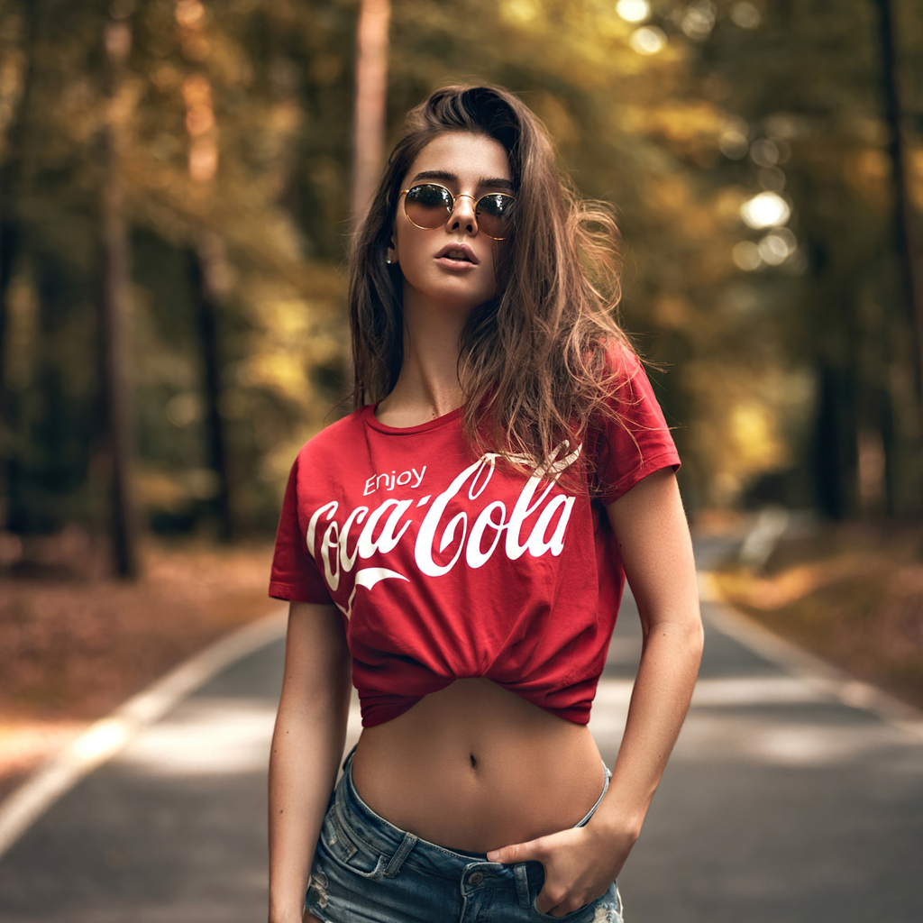 Красивая стройная девушка в футболке кока кола