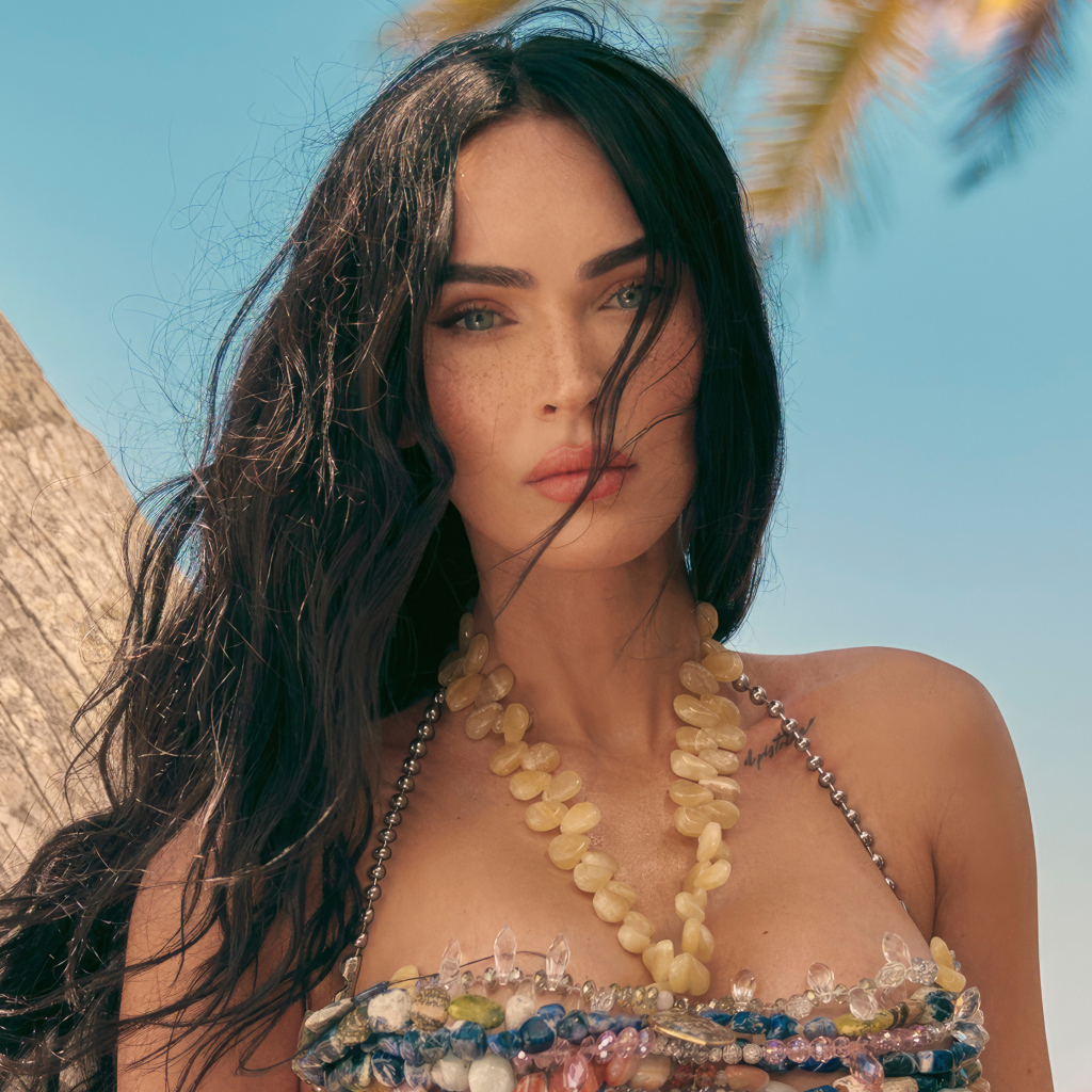 Длинноволосая брюнетка Меган Фокс на пляже