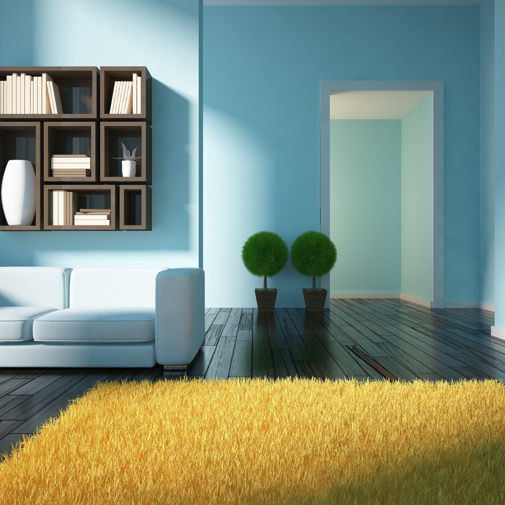 Минималистический интерьер в комнате с голубыми стенами
