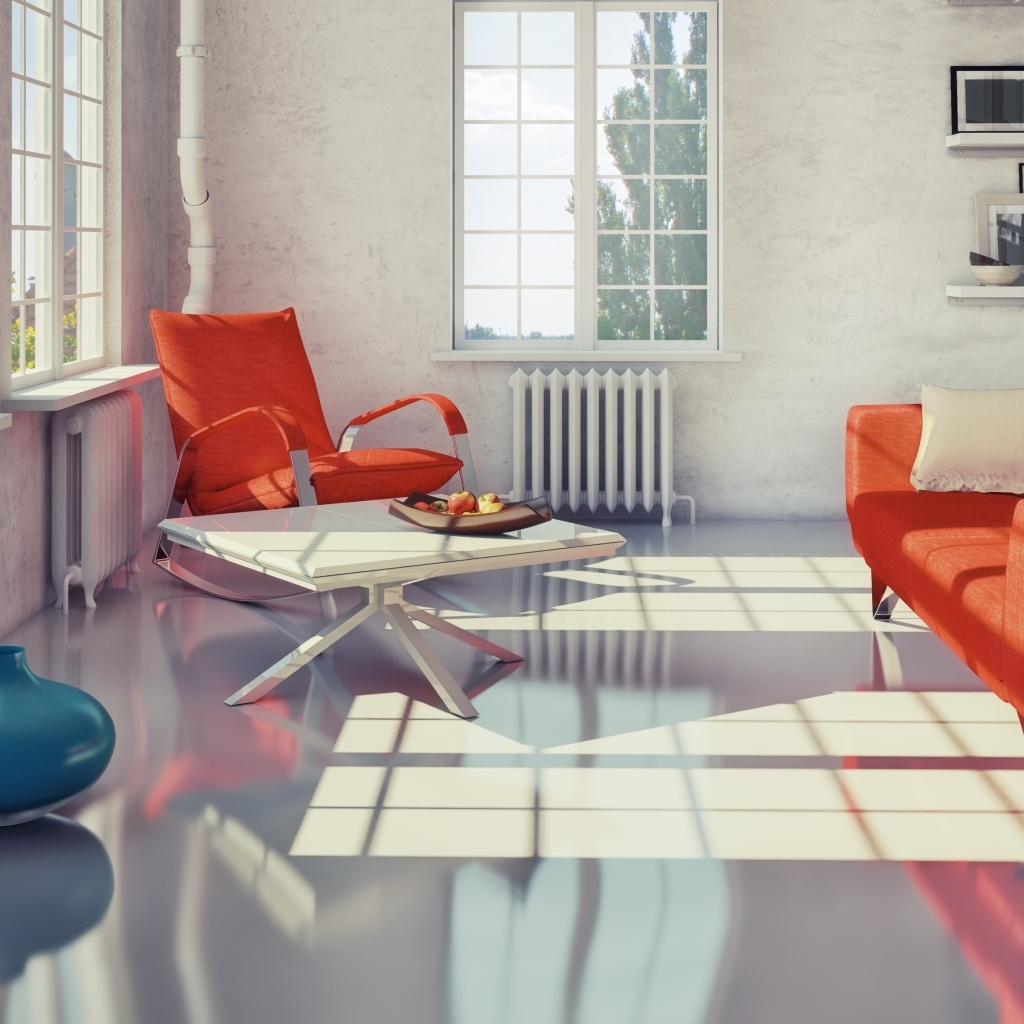 Красная мебель в гостиной в стиле Модерн