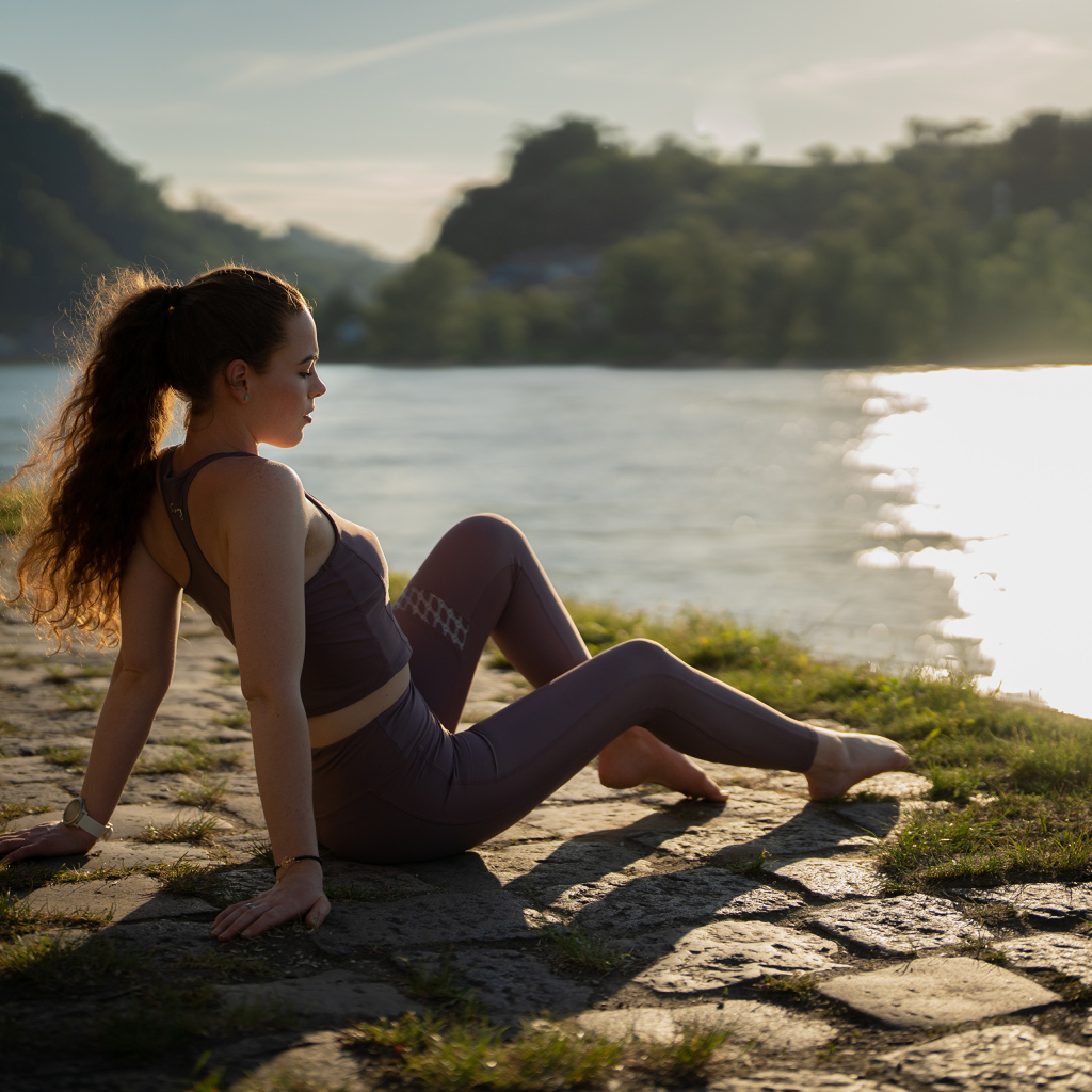 Спортивная девушка сидит на берегу реки