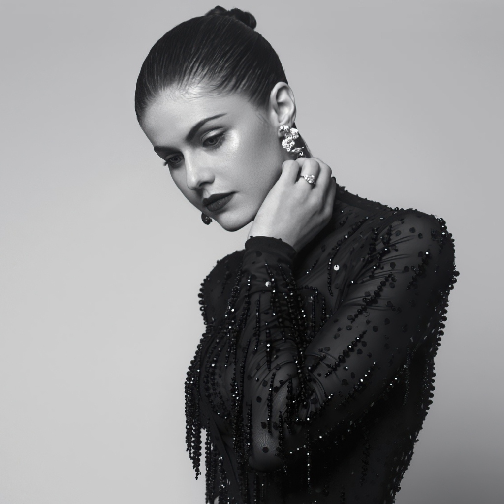 Молодая актриса Александра Даддарио в черном платье на сером фоне