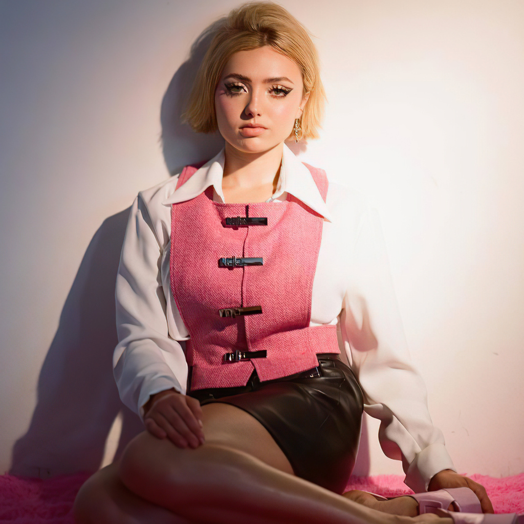 Молодая девушка Пейтон Рой Лист сидит у стены