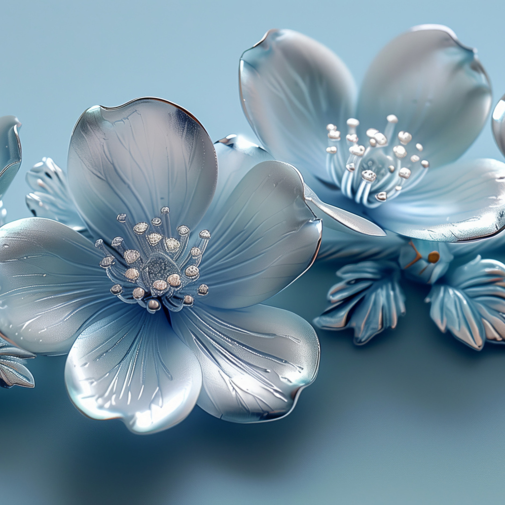 Красивые серебряные 3д цветы на голубом фоне