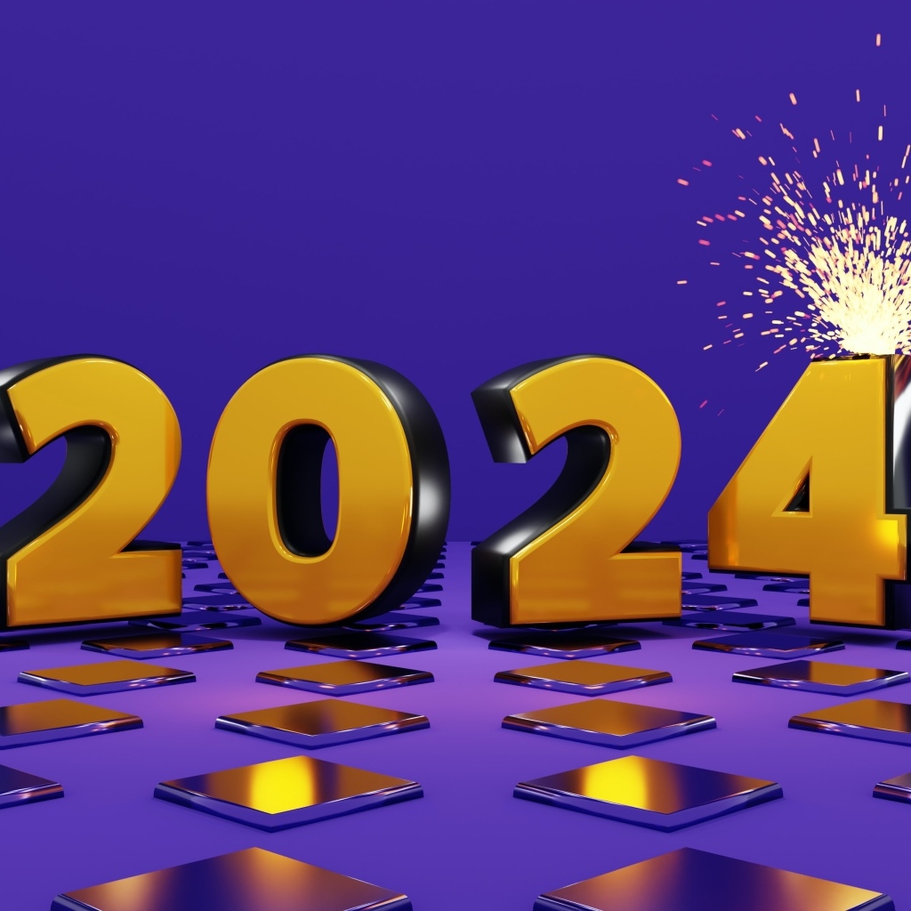 Яркие оранжевые цифры 2024 на фиолетовом фоне
