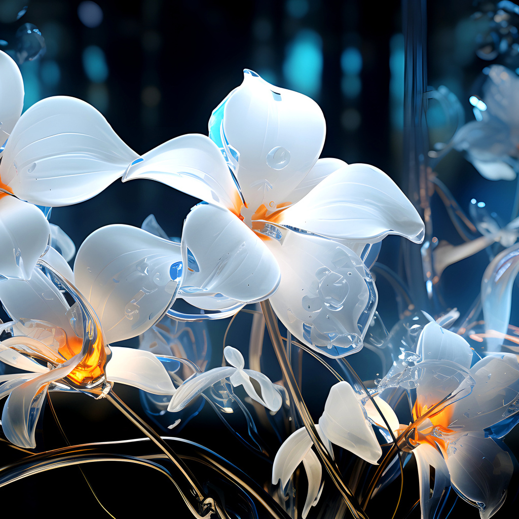 Стеклянные белые цветы на темном фоне
