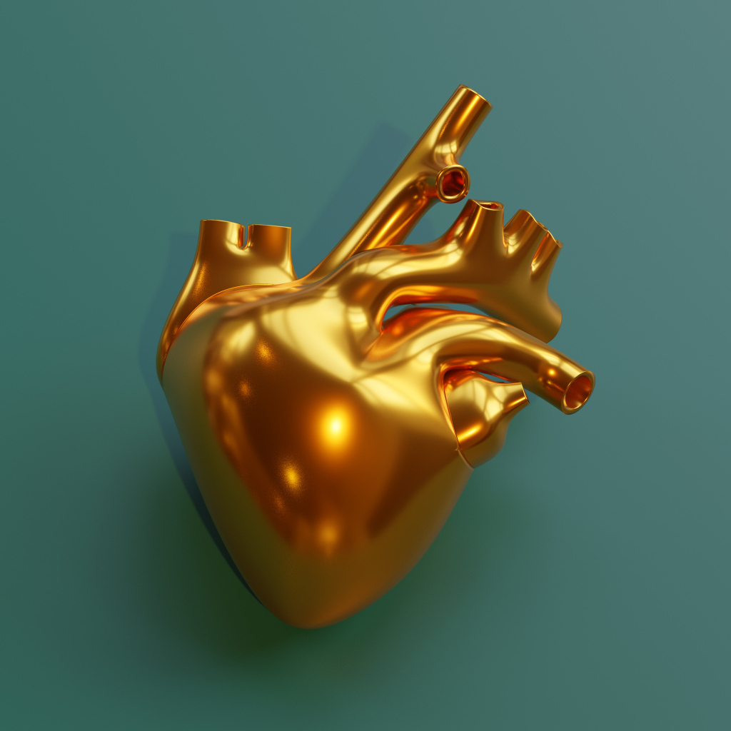 Золотое 3д сердце на зеленом фоне