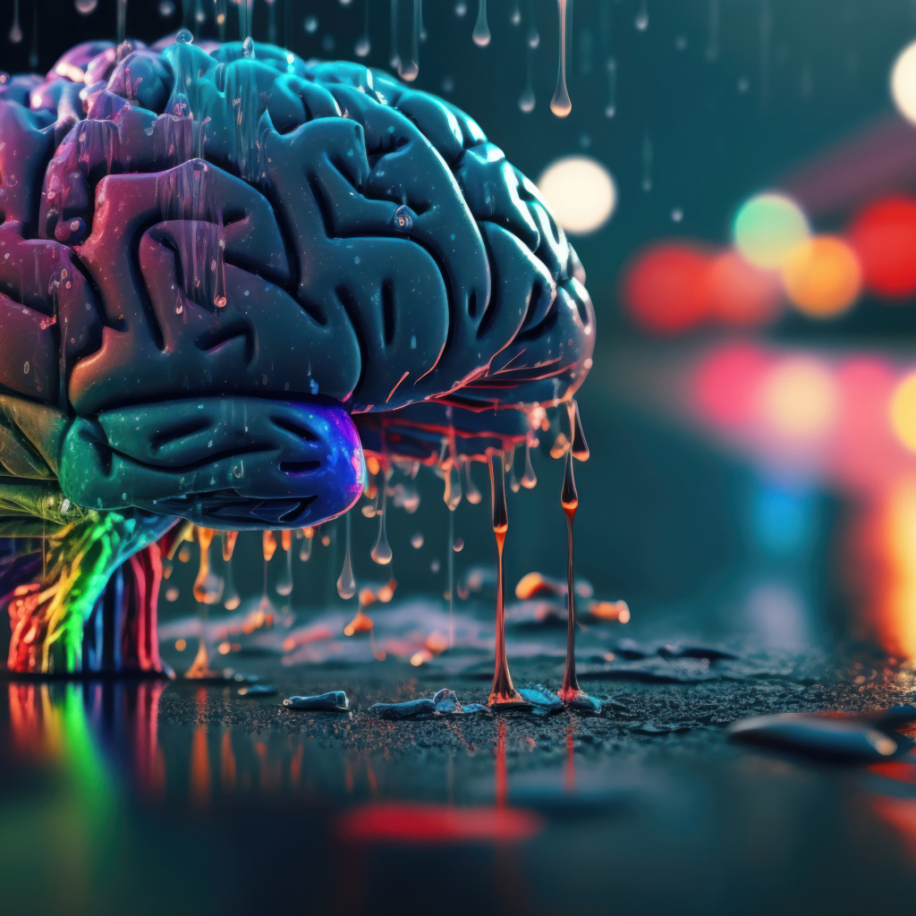 Разноцветный мозг под дождем на асфальте