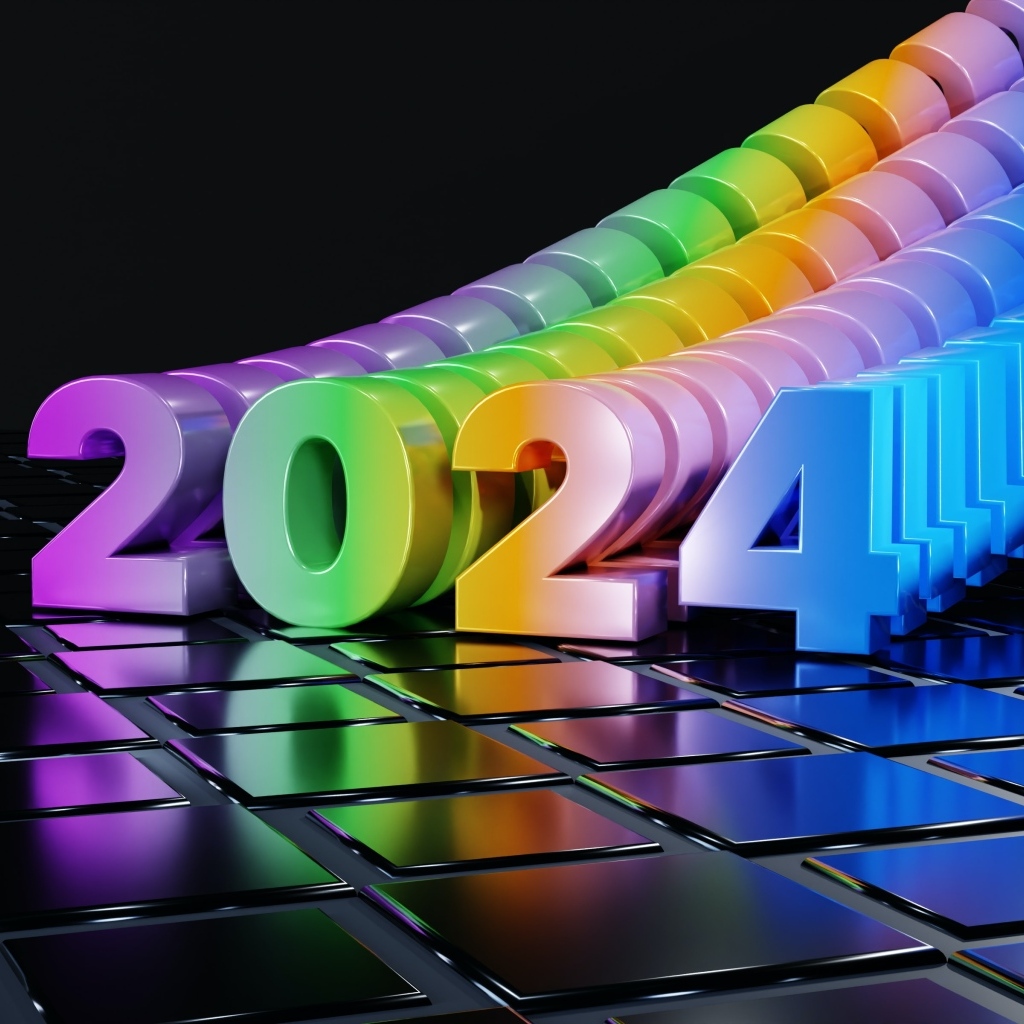 Разноцветные цифры 2024 на черном фоне с квадратами