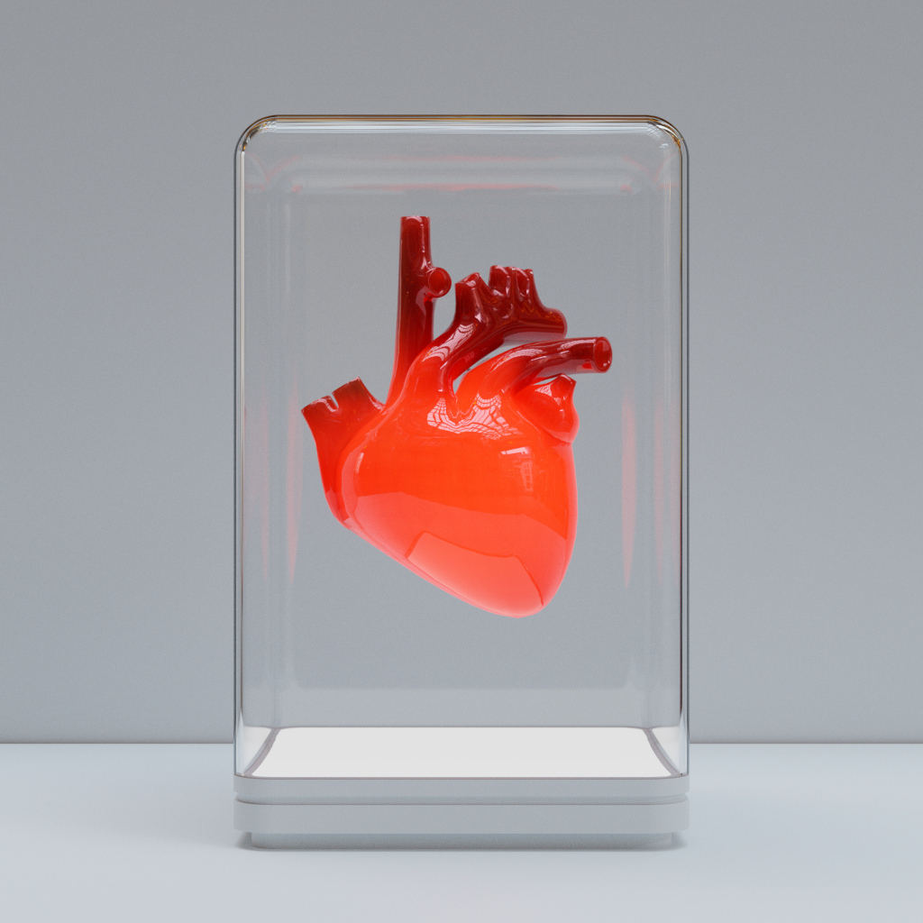 Красное 3д сердце в стеклянной колбе на сером фоне