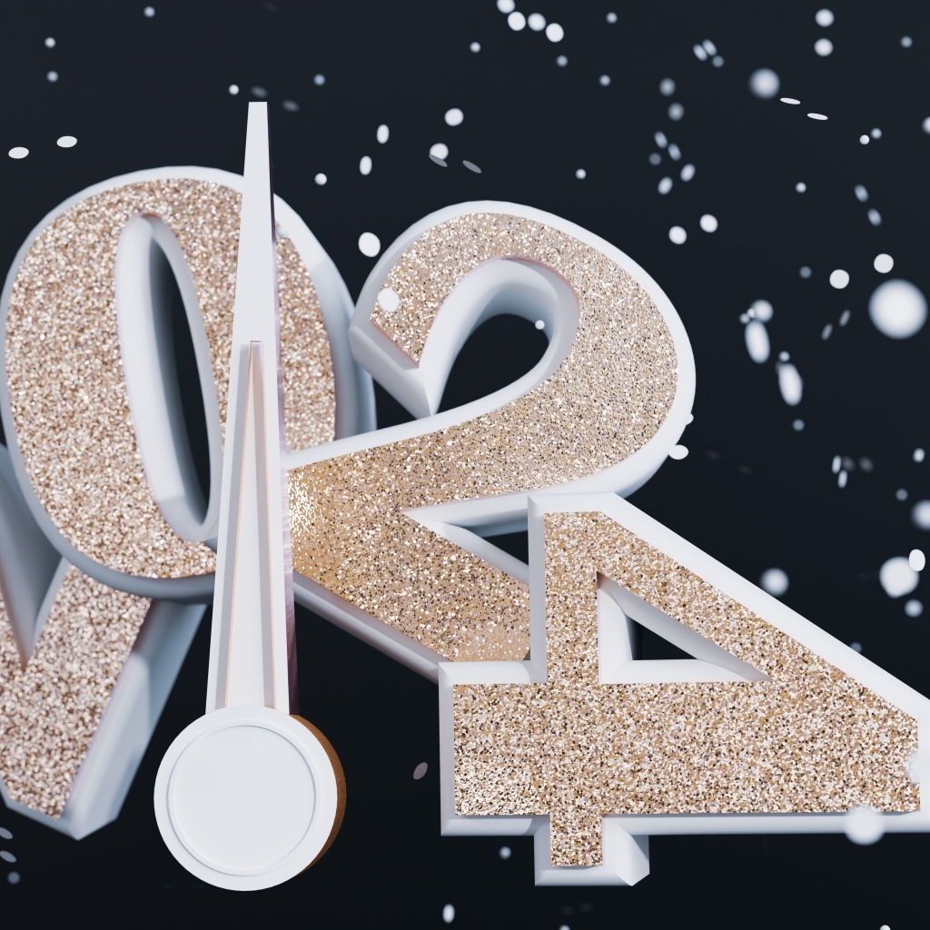 Блестящие цифры 2024 со стрелкой на черном фоне