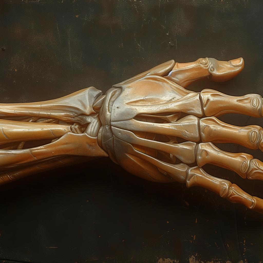 Рука скелета на серой поверхности 3д графика