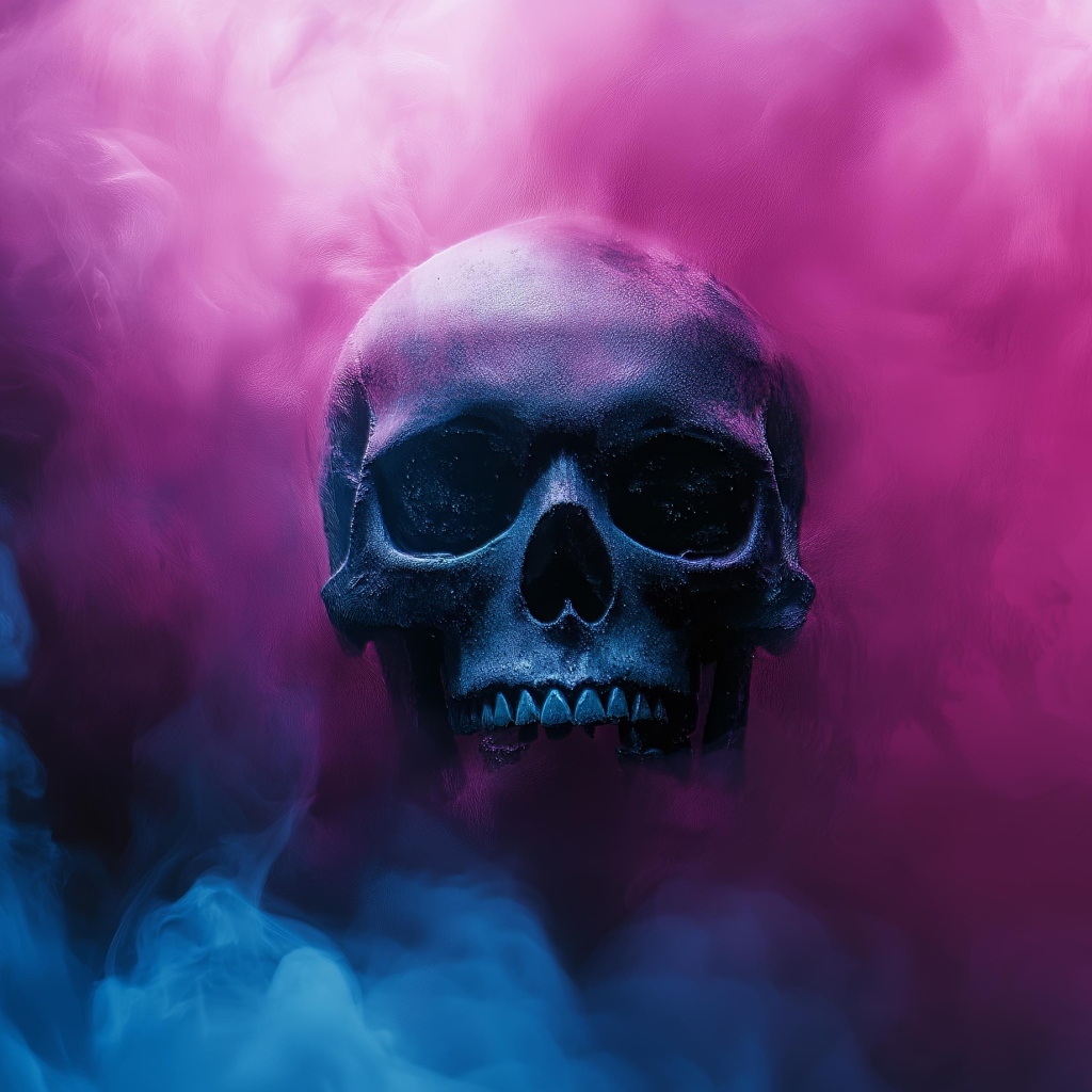Череп в розовом и голубом дыму