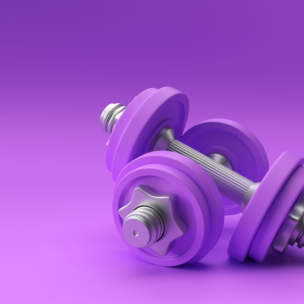 Две 3д гантели на сиреневом фоне