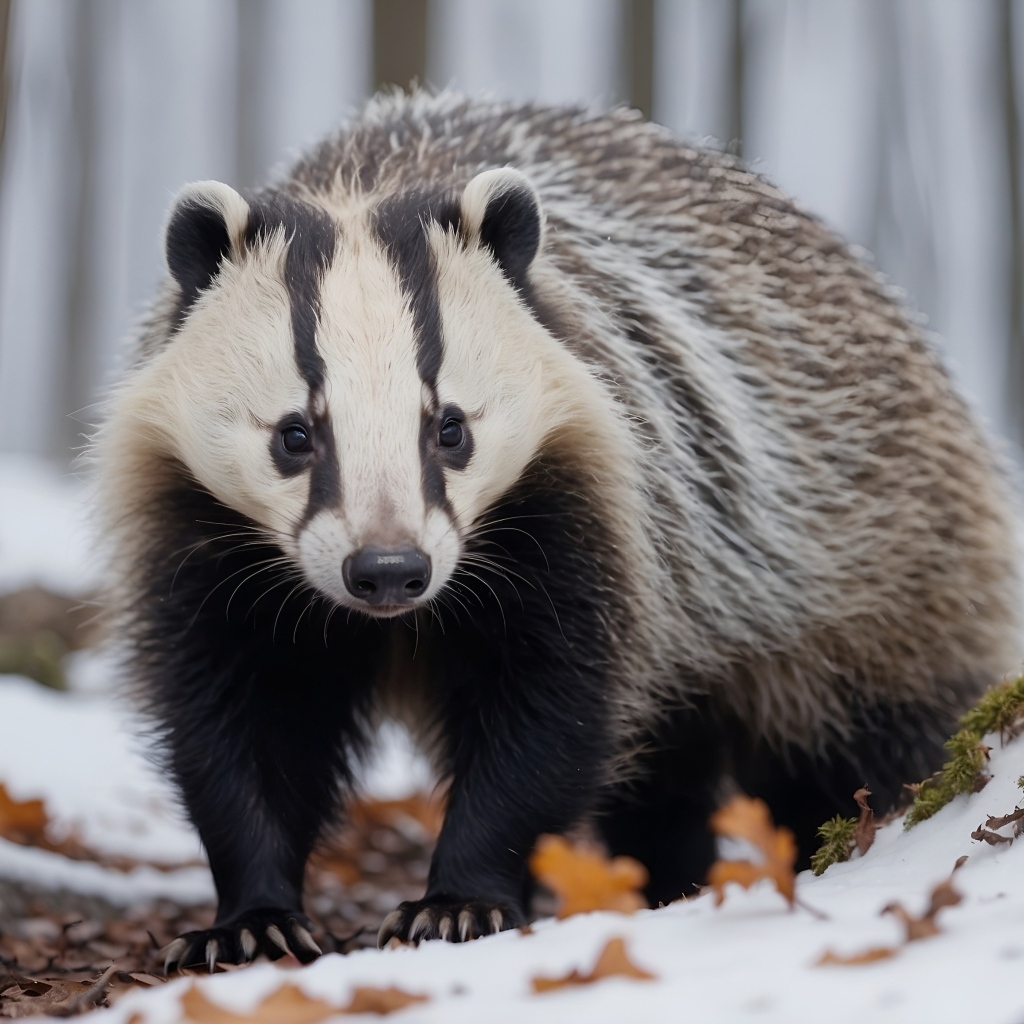 Большой барсук в заснеженном лесу