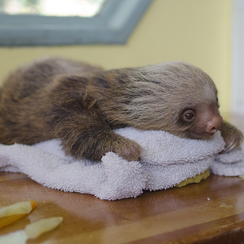 Маленький ленивец лежит на столе