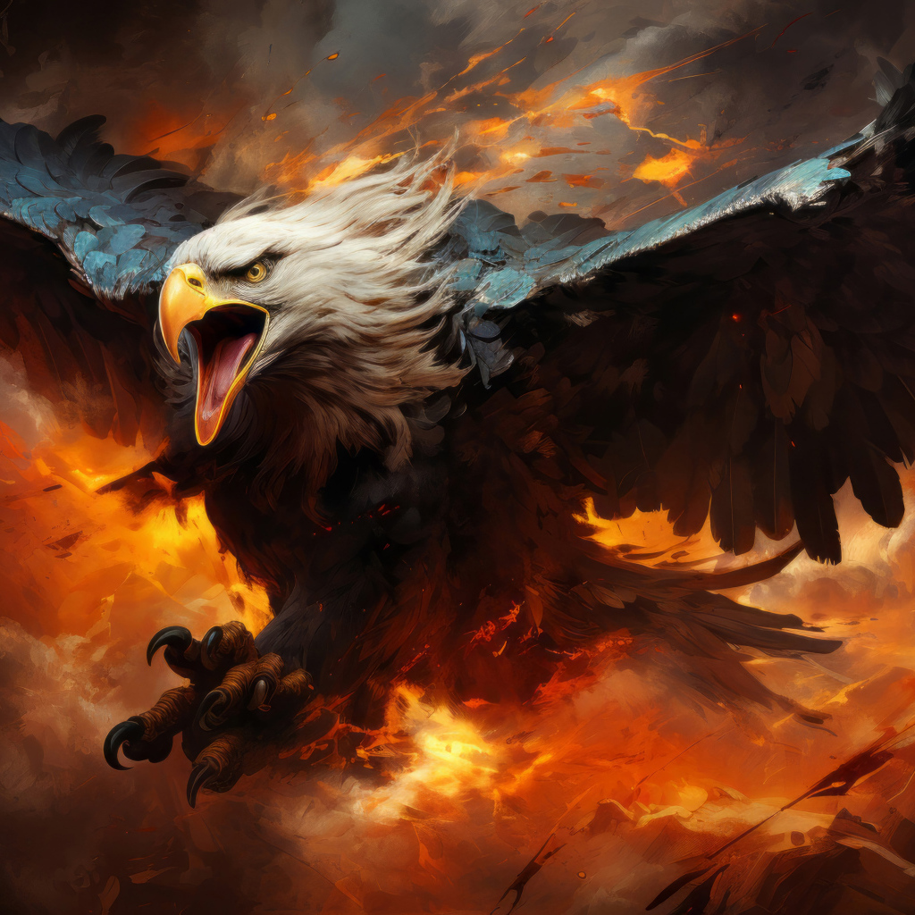 Хищный орел летит в огненном небе