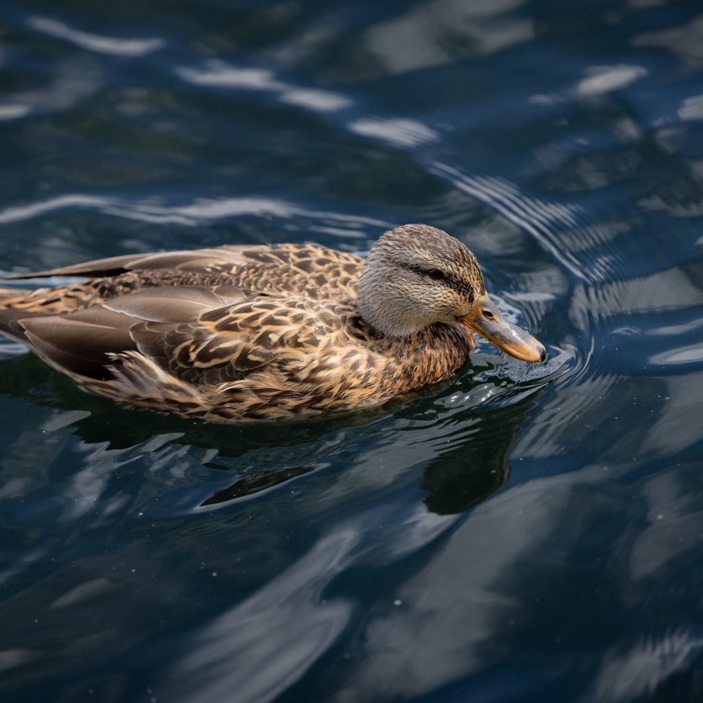 Серая утка плавает в спокойной воде