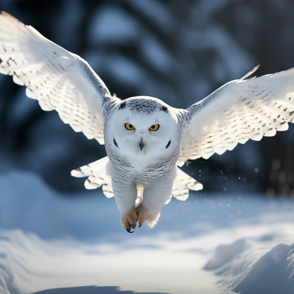 Большая белая сова летит над снегом