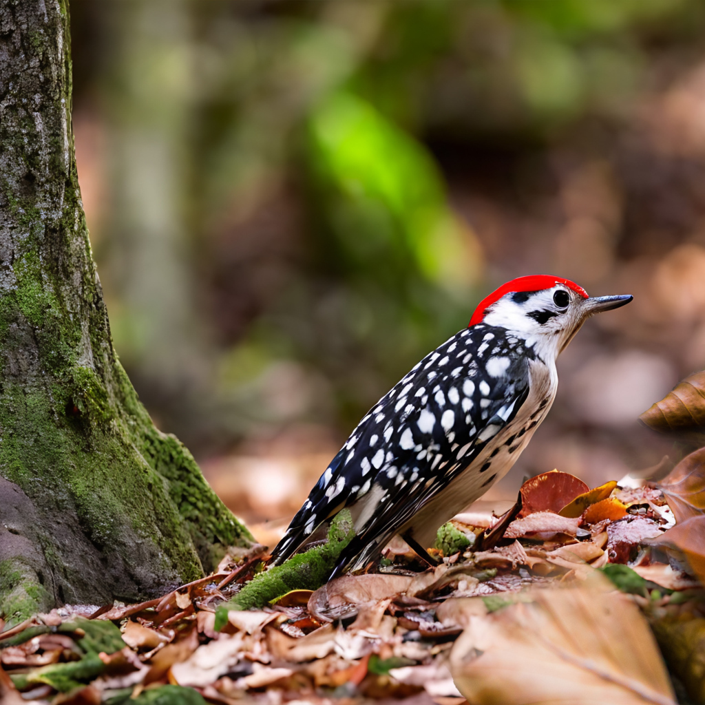 Пятнистый дятел сидит на опавшей листве