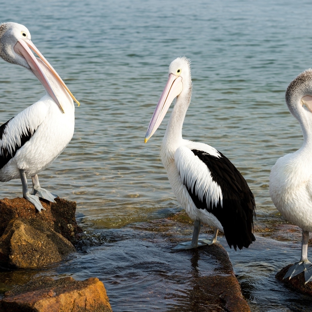 Три пеликана стоят на камнях у воды