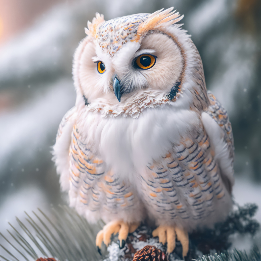 Белая сова сидит на заснеженной еловой ветке