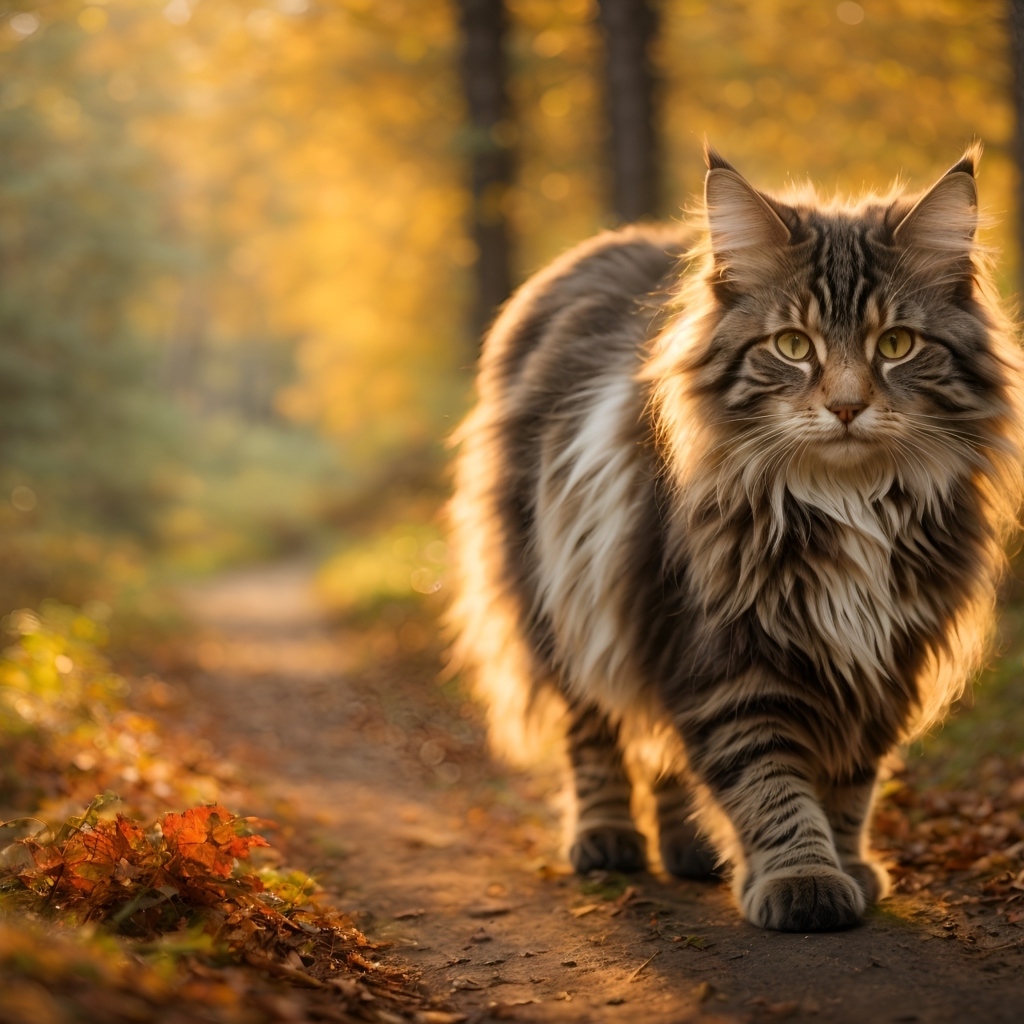 Большой пушистый кот идет по лесу