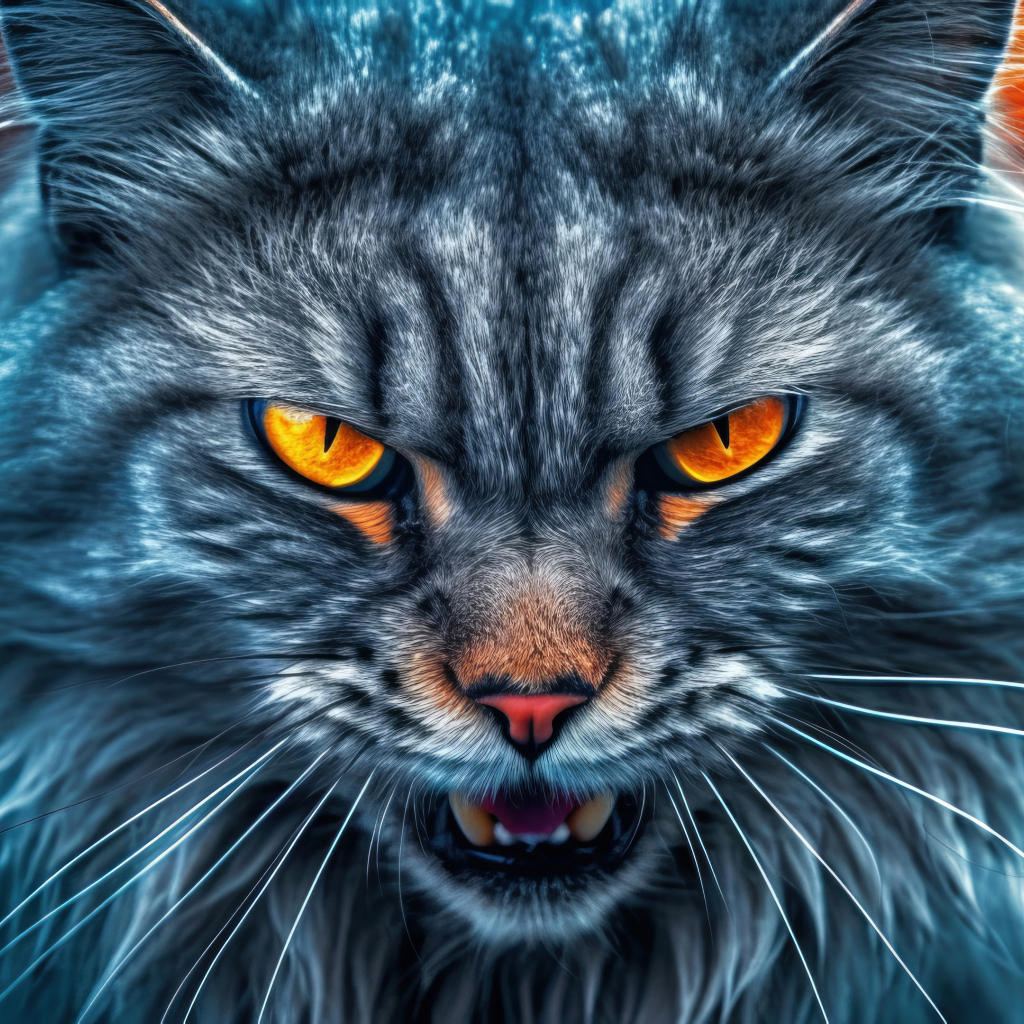 Злой серый пушистый кот с огненными глазами