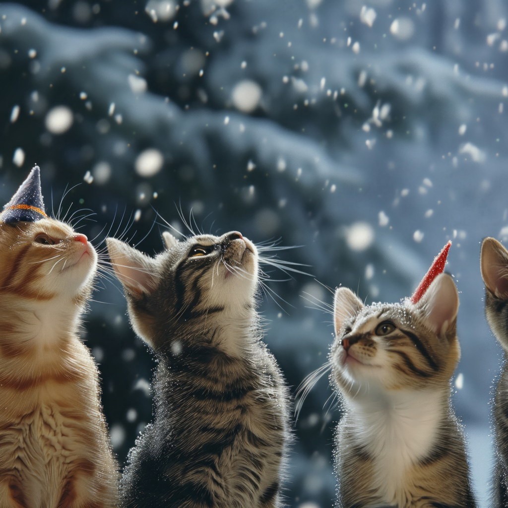 Рождественские коты смотрят вверх на снег