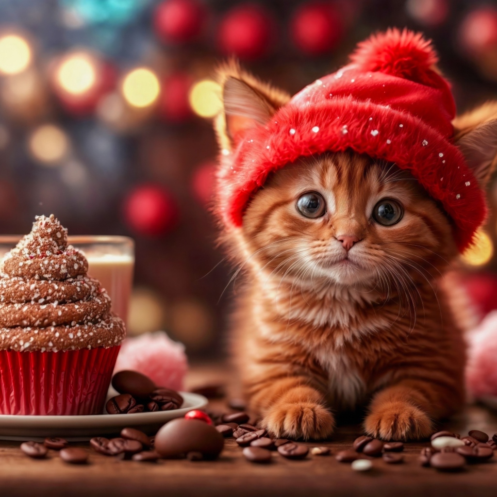 Милый маленький рыжий котенок с пирожным