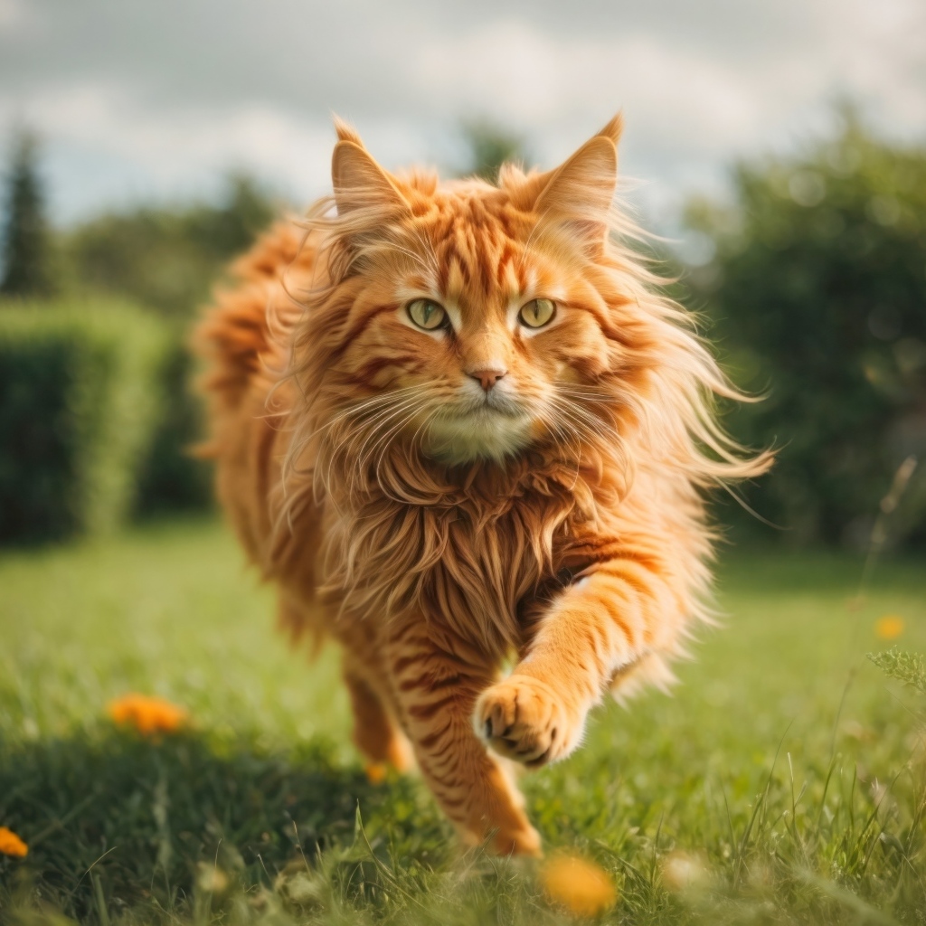 Пушистый рыжий кот бежит по зеленой траве