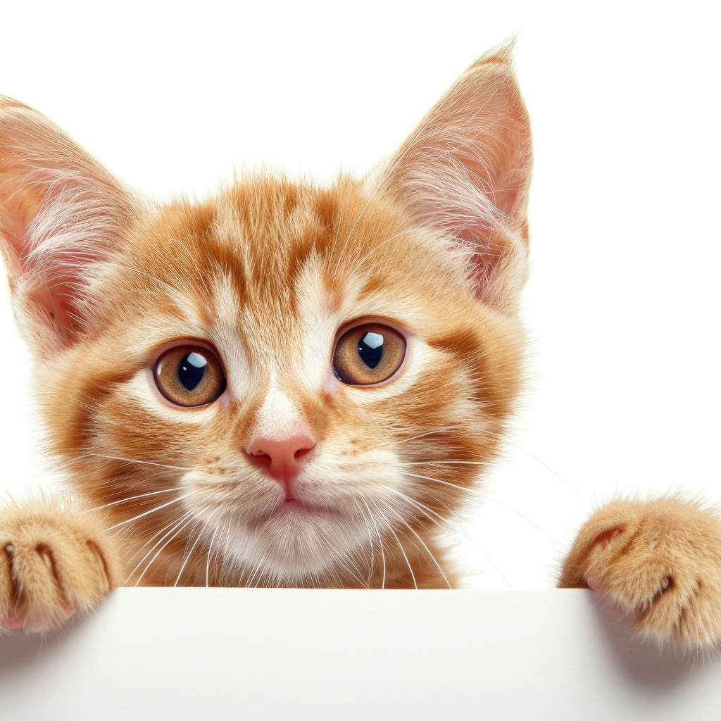 Смешной маленький рыжий котенок на белом фоне