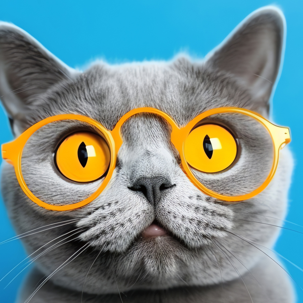 Серый кот в желтых очках на голубом фоне