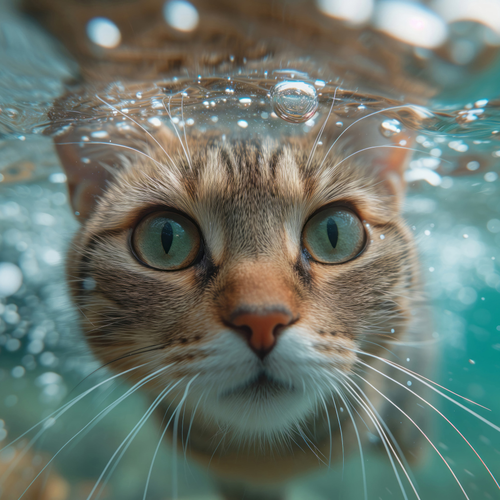 Зеленоглазый кот под водой