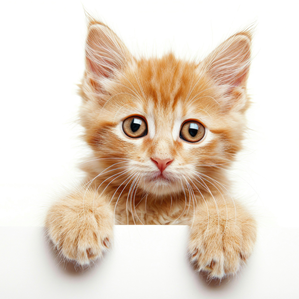 Маленький рыжий котенок на белом фоне