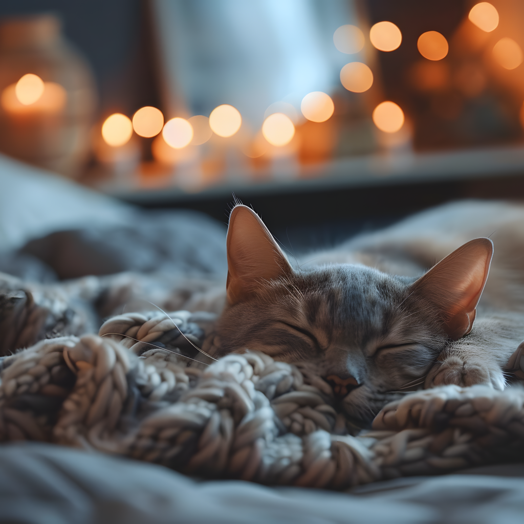 Довольный кот спит на кровати в квартире