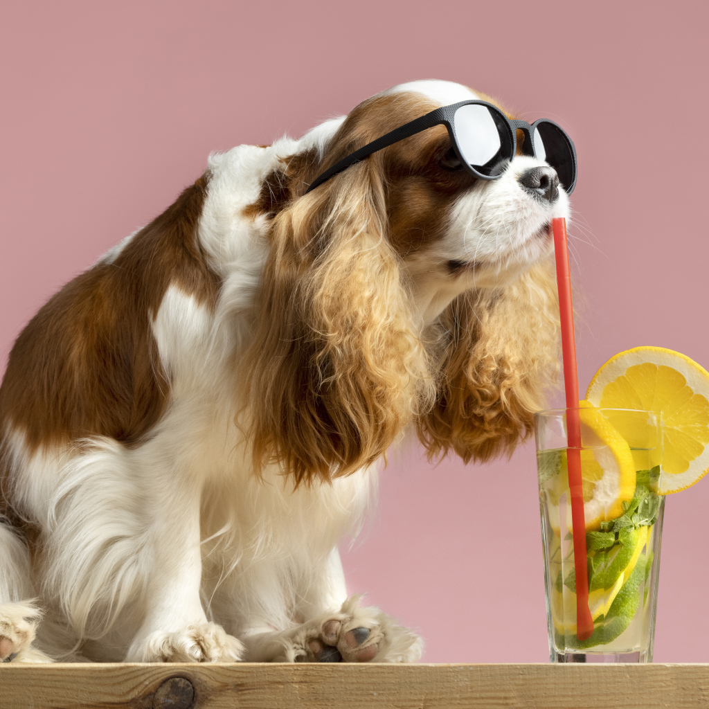 Пес в очках пьет коктейль со стакана 