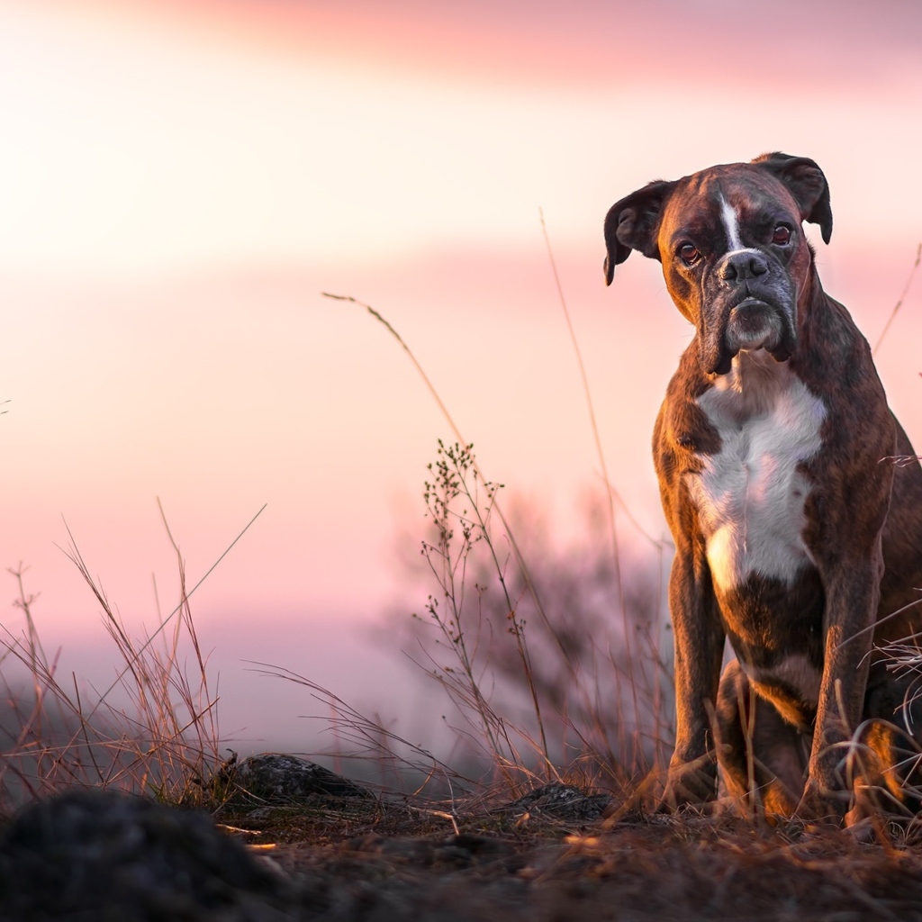 Боксер сидит на траве в лучах солнца