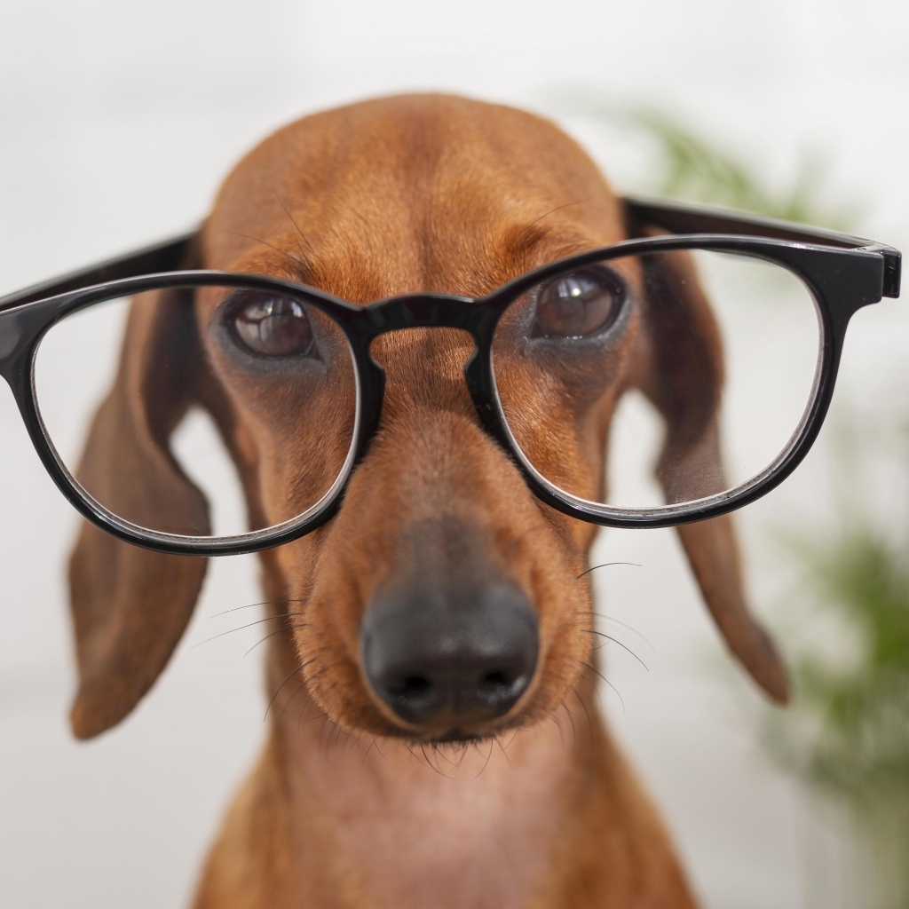 Коричневая такса в очках крупным планом