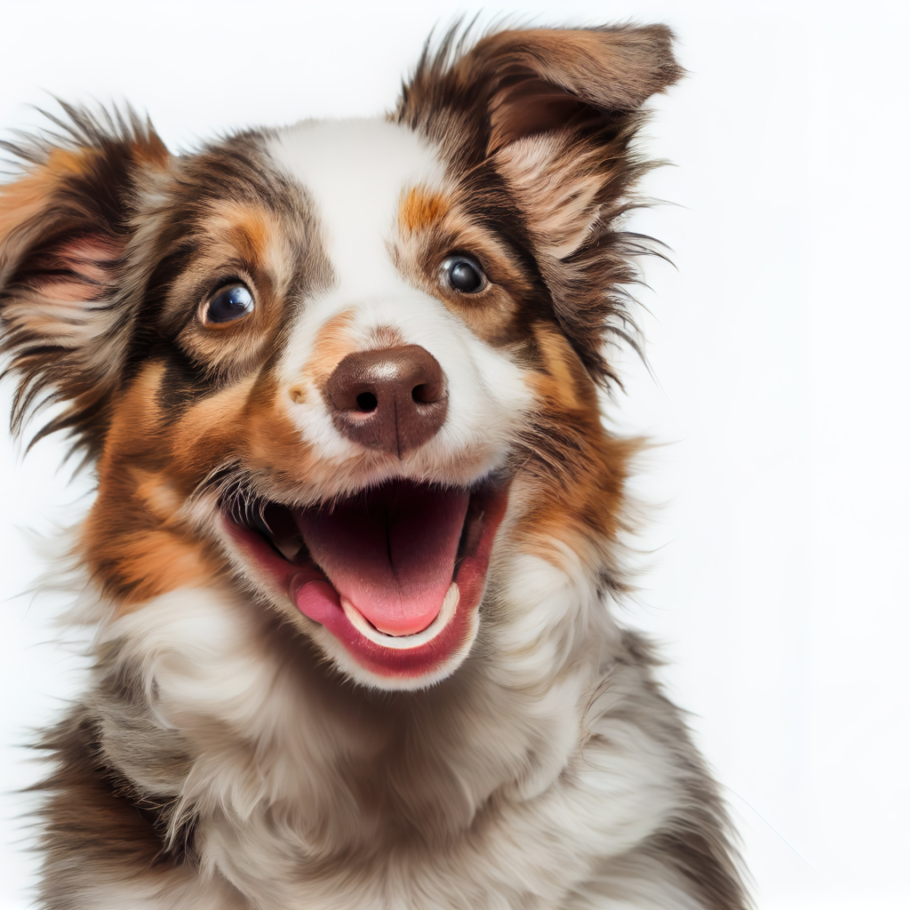 Веселый щенок с открытой пастью на белом фоне