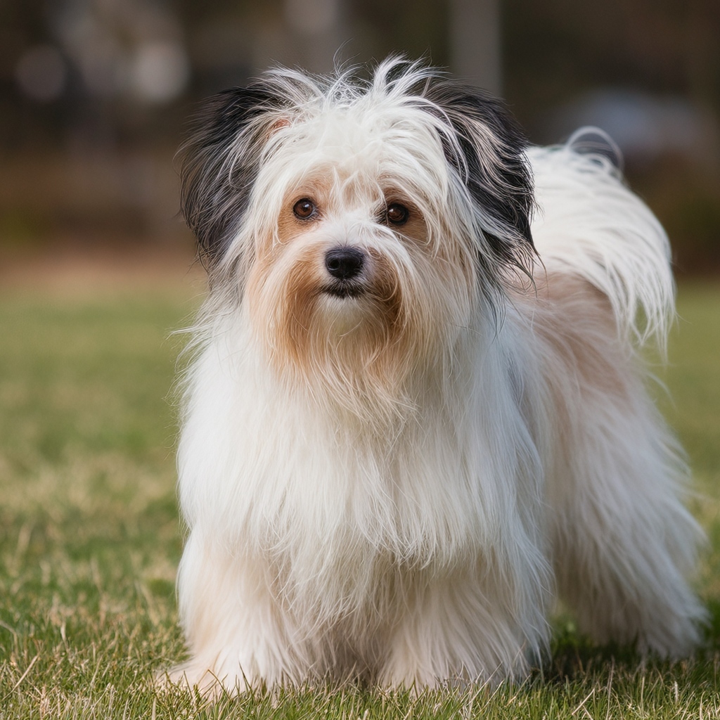 Пушистая собака на зеленой траве