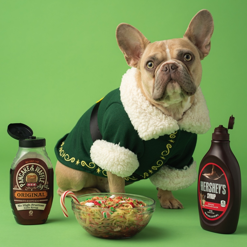 Пес французский бульдог с едой на зеленом фоне