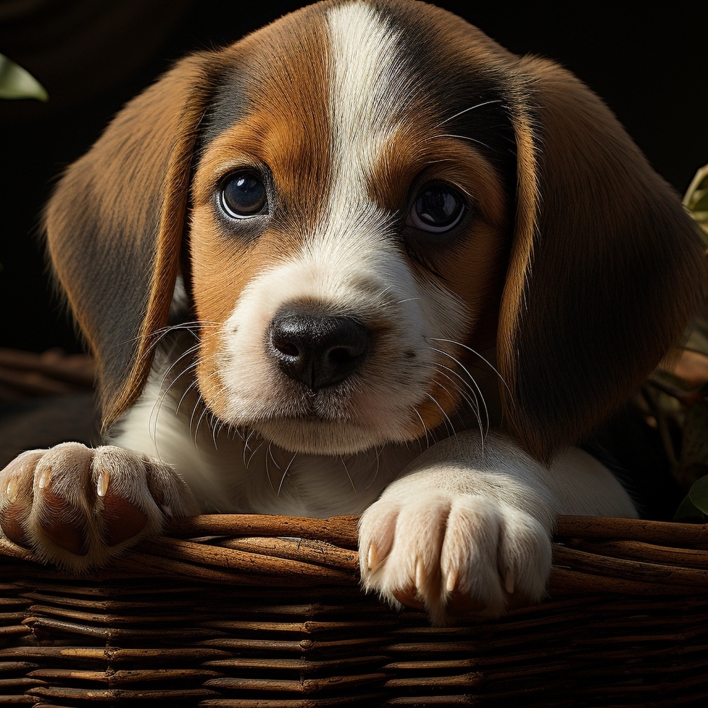 Маленький щенок в корзине с зелеными листьями