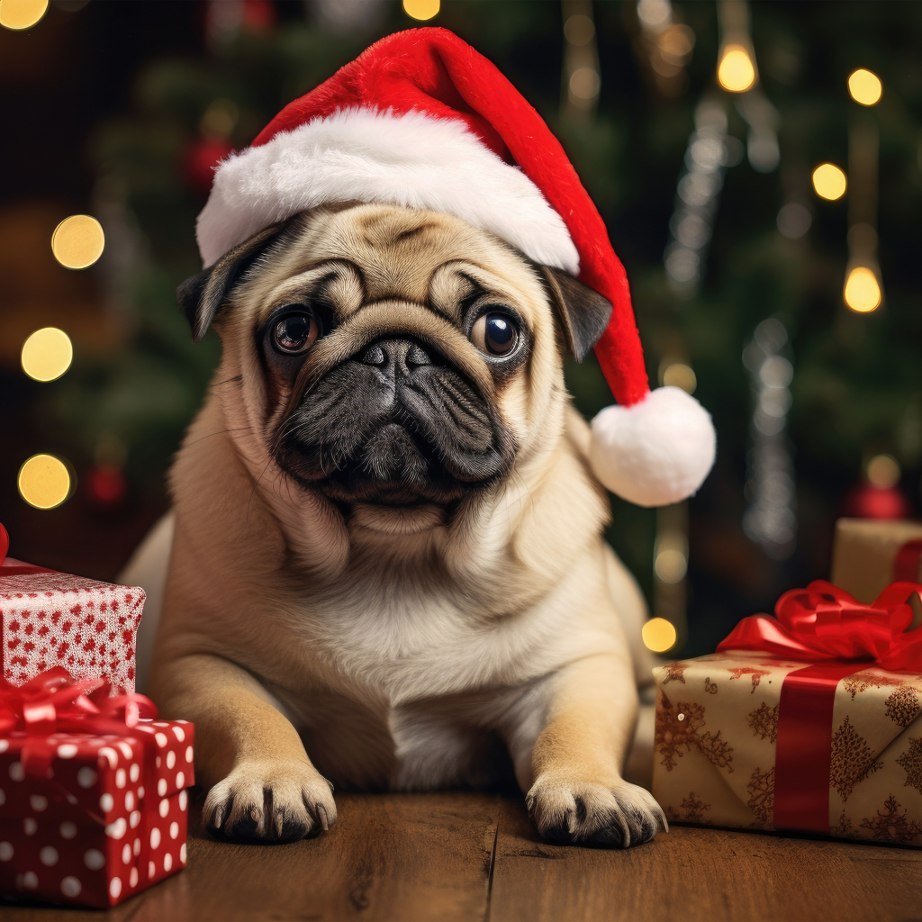 Мопс с подарками под новогодней елкой