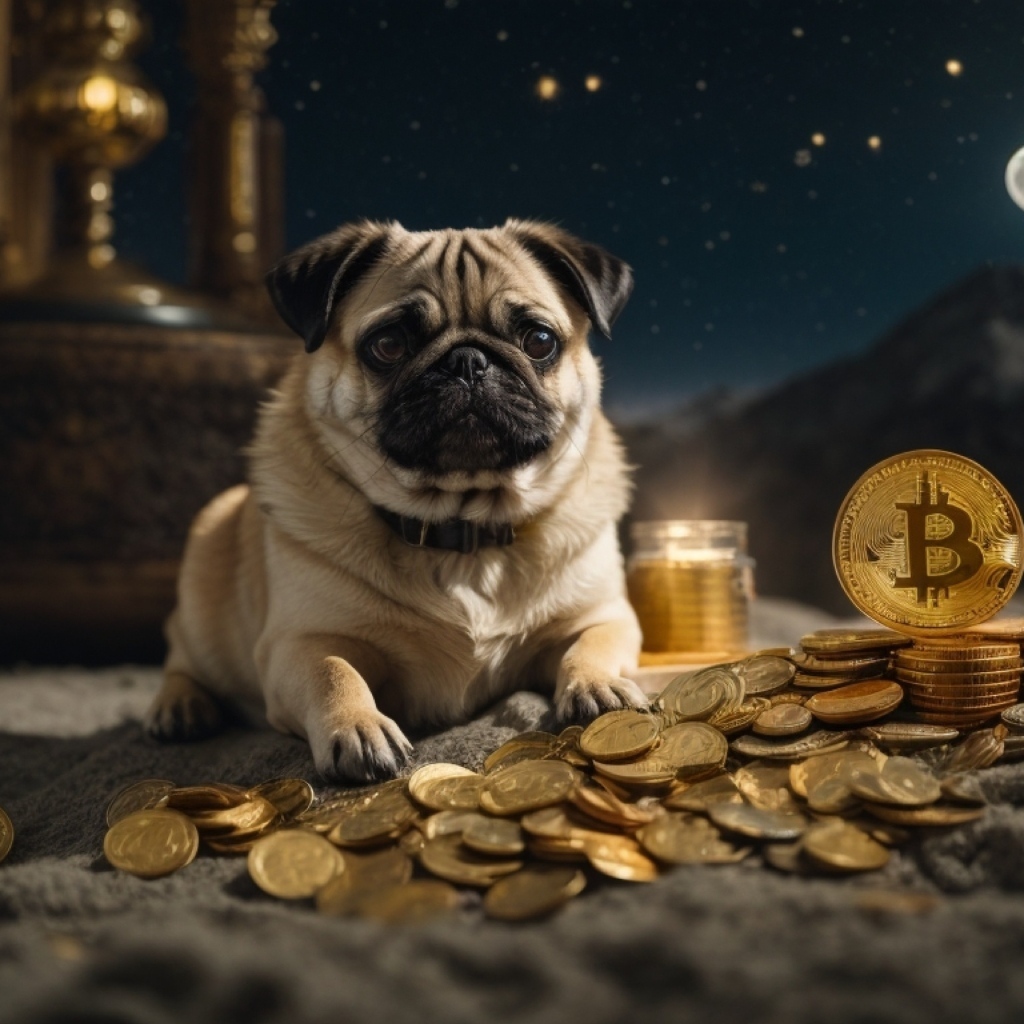 Мопс с золотыми монетами на песке
