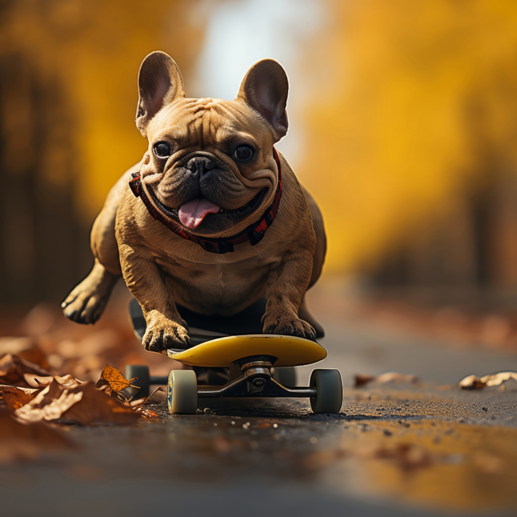 Довольный французский бульдог на скейтборде
